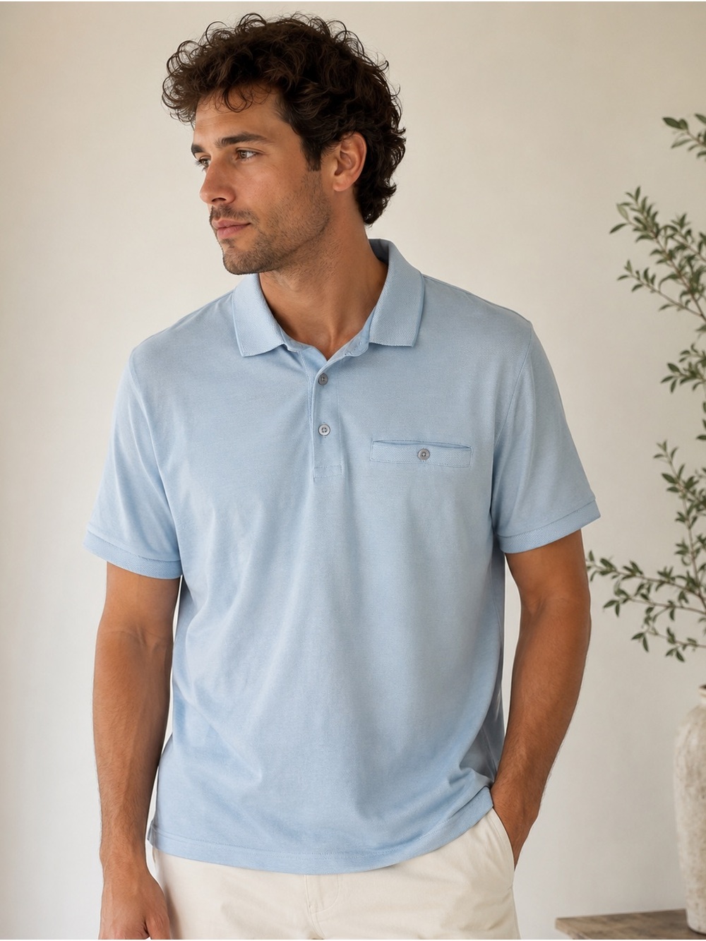 Men's Light Blue Polo with Chest Pocket - Short Sleeve